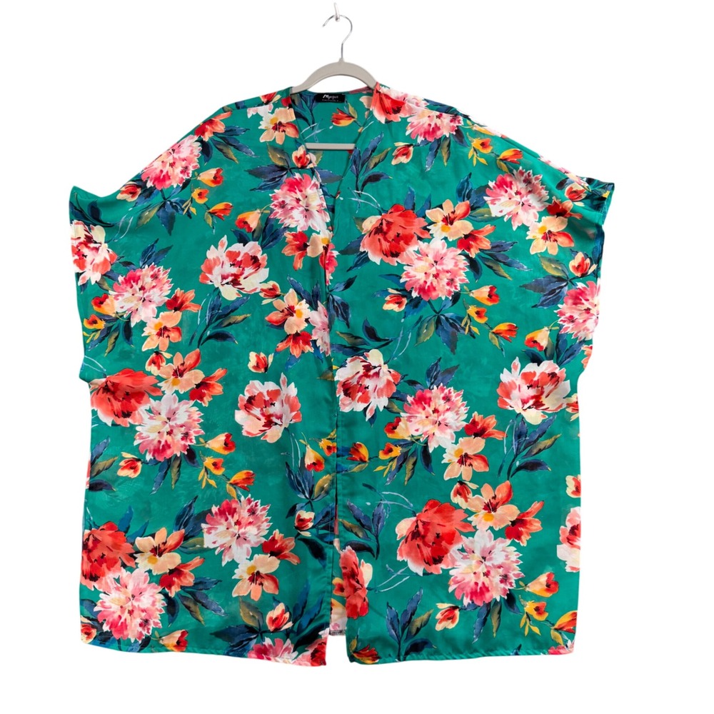 Myesper Kimono Wrap Top Women OS Green Floral‎ Short Sleeve Open Front Cardigan